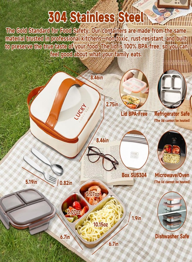 GUDGI Stainless Steel snack Containers with lids & Spoon Fork & Insulated Bag, Leak-Proof 3 Compartment Food Containers , Food-Grade 304 Stainless Steel, Ideal for Home, Office & Travel (Transparent black) - Image 2